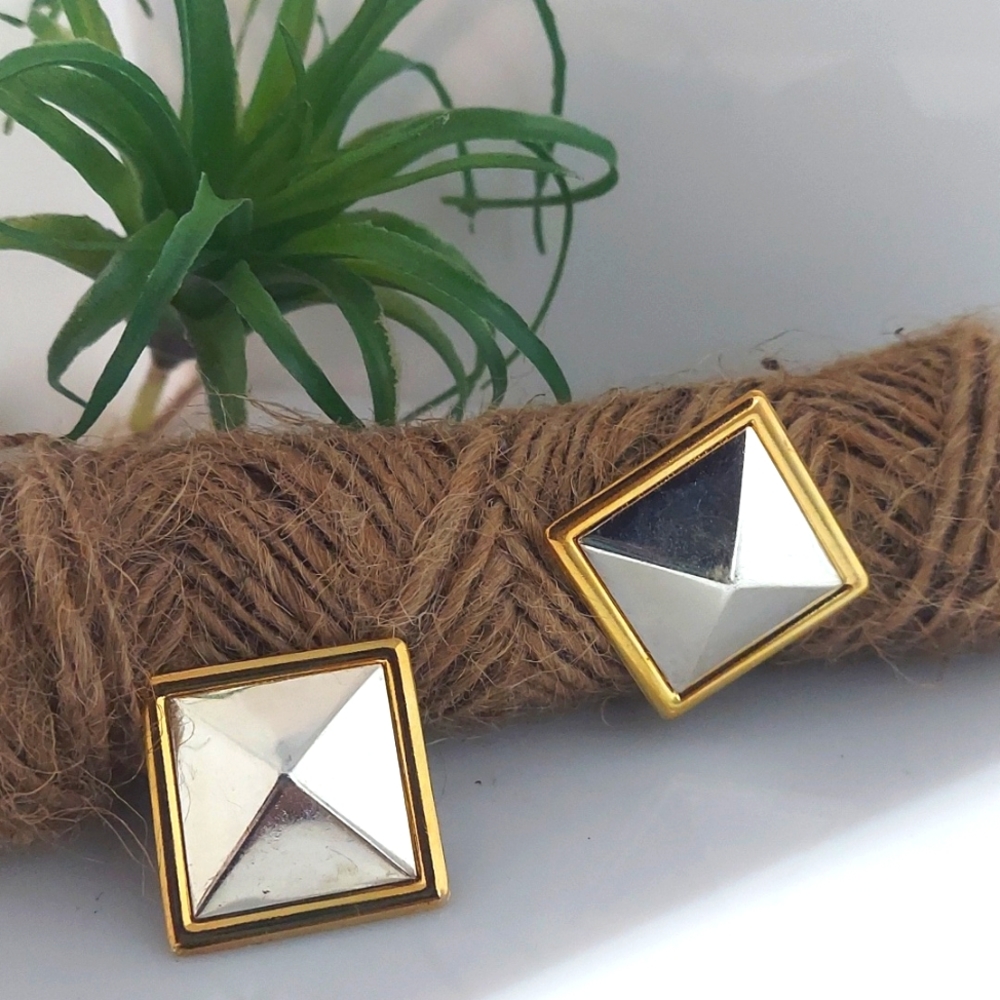 E1769 Vintage Chunky Silver Gold Square Diamond Earrings